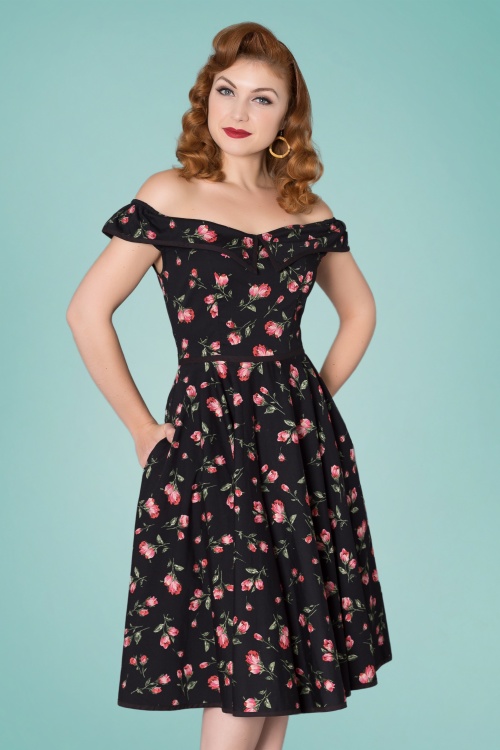 Timeless - Natasha Floral Swing Dress Années 50 en Noir