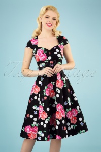 Bunny - 50s Carole Flower and Dots Swing Dress in Black
