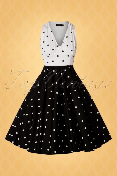 Vintage Diva  - De Esmee Polkadot Swing-jurk in zwart en wit 4