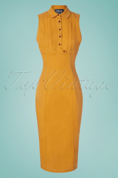 Collectif Clothing - TopVintage exclusive ~ 50s Charlotte Plain Pencil Dress in Mustard 2