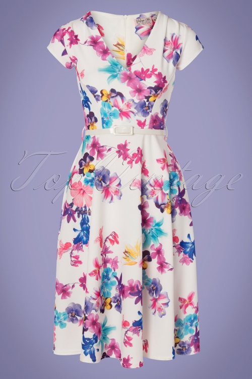Vintage Chic for Topvintage - Mya Swing-Kleid mit Blumenmuster in Elfenbein