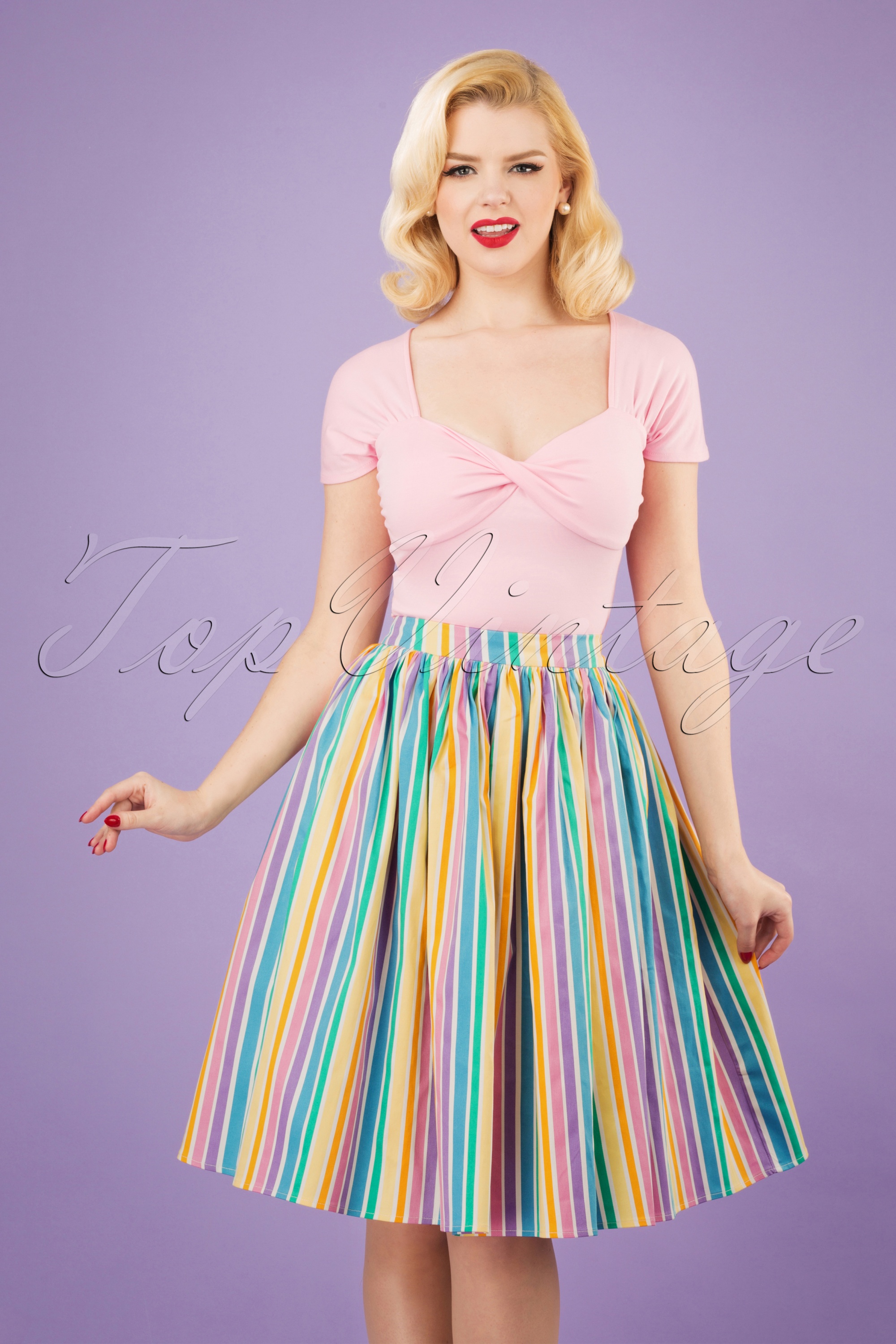 Collectif Clothing 50s Jasmine Rainbow Stripes Swing Skirt in Multi Shop at Topvintage