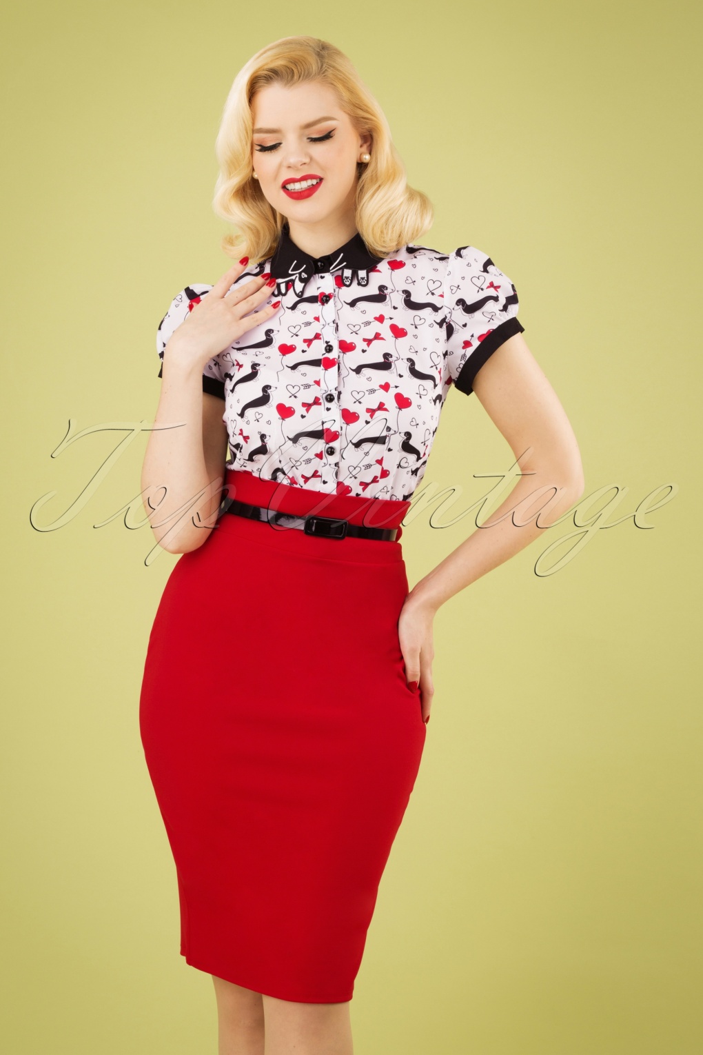 50s Feline Pencil Skirt in Lipstick Red