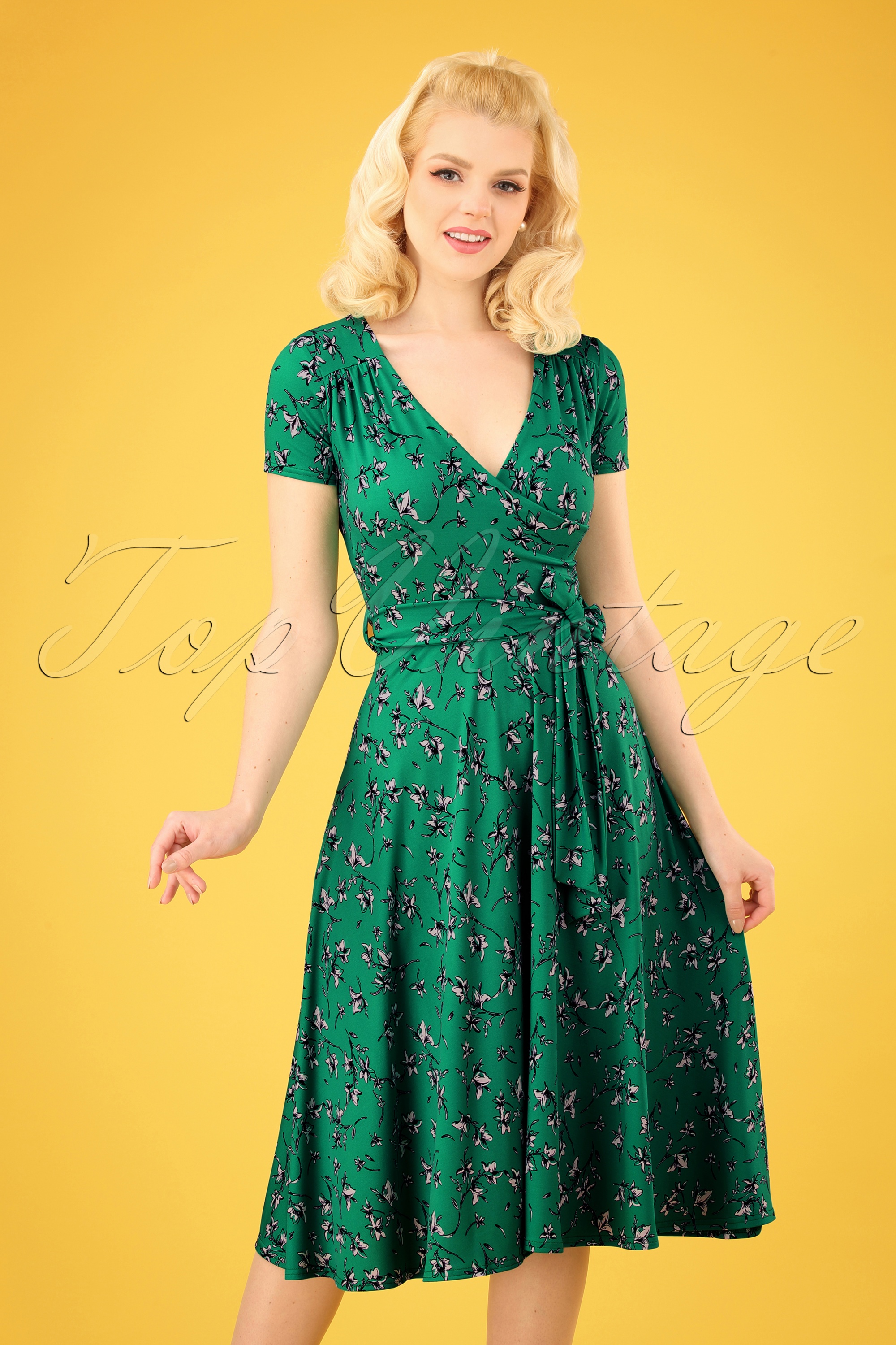 Vintage Chic for Topvintage - Faith gebloemde swingjurk in smaragdgroen