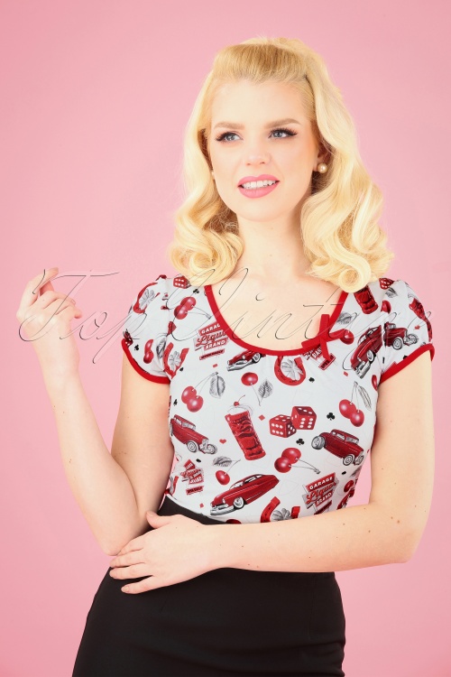 Sassy Sally - 50s Leona Cherry Cars Top in White and Red