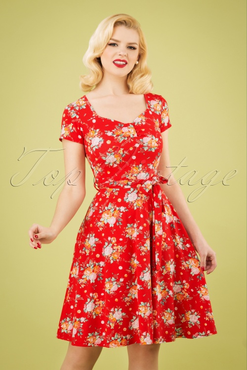 Topvintage Boutique Collection - 50s Fabienne Flower Swing Dress in Red