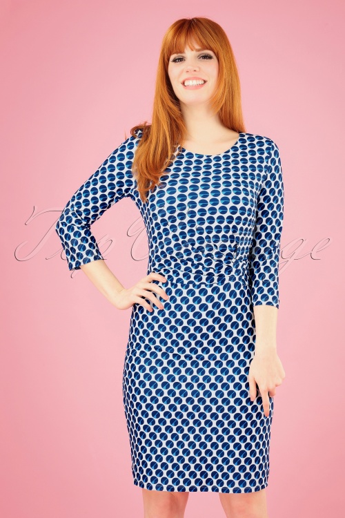 Smashed Lemon - 60s Carole Dots Pencil Dress in Blue and White