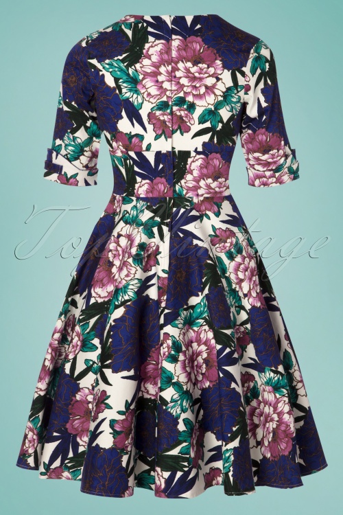 Unique Vintage - 50s Delores Blooming Floral Swing Dress in White and Blue 4