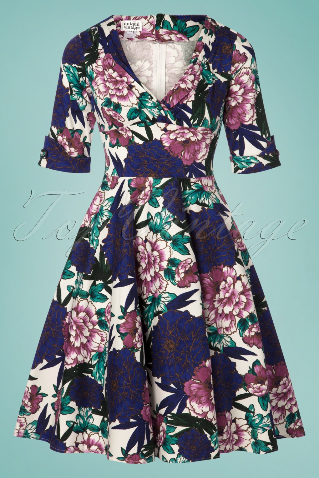 Vintage Teal Green Floral V Neck Cap Sleeve Wrap Top Swing Party Dress UK 8-18