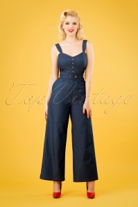 Banned Retro - 50s Seaside Diner Chambray Jumpsuit in Denim Blue
