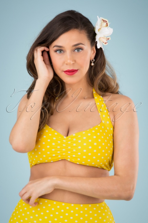 Red Dolly - 50s Polly Polkadot Bikini Top in Yellow