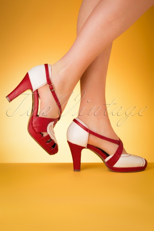 Bettie Page Shoes - Angie Pumps in wit en rood 3