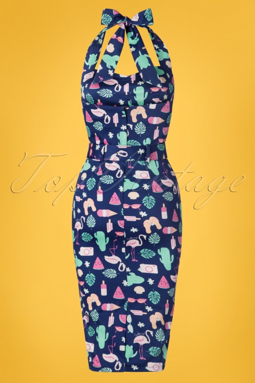 Collectif Clothing - Wanda Summer Flamingo Pencil Dress Années 50 en Bleu Marine 2