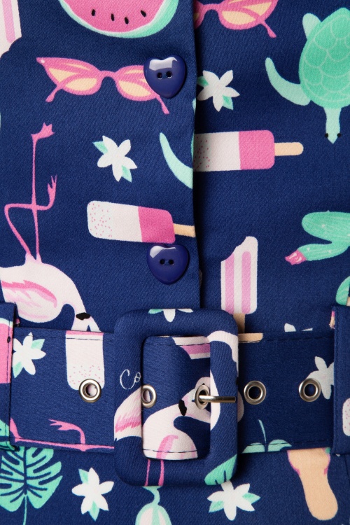 Collectif Clothing - Wanda Summer Flamingo Pencil Dress Années 50 en Bleu Marine 4