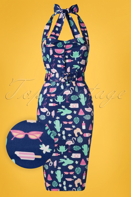 Collectif Clothing - Wanda Summer Flamingo Pencil Dress Années 50 en Bleu Marine