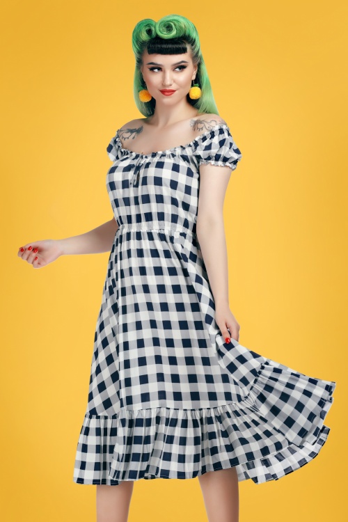 Collectif Clothing - 70s Serrina Gingham Swing Dress in Navy and White 2