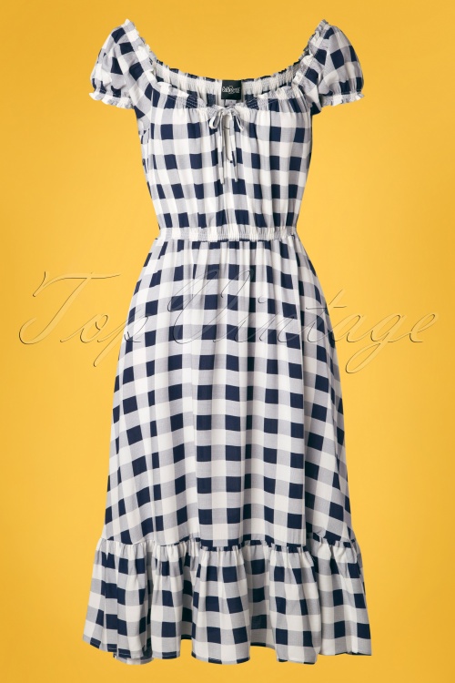 Collectif Clothing - Serrina Gingham Swing Dress Années 70 en Bleu Marine et Blanc