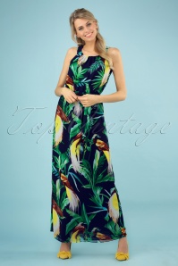 Smashed Lemon - 70s Cathy Parrot Jungle Maxi Dress in Navy