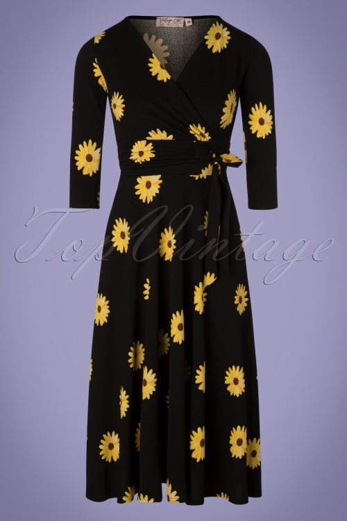 Vintage Chic for Topvintage - Janice Zonnebloem Swingjurk in zwart en geel 2
