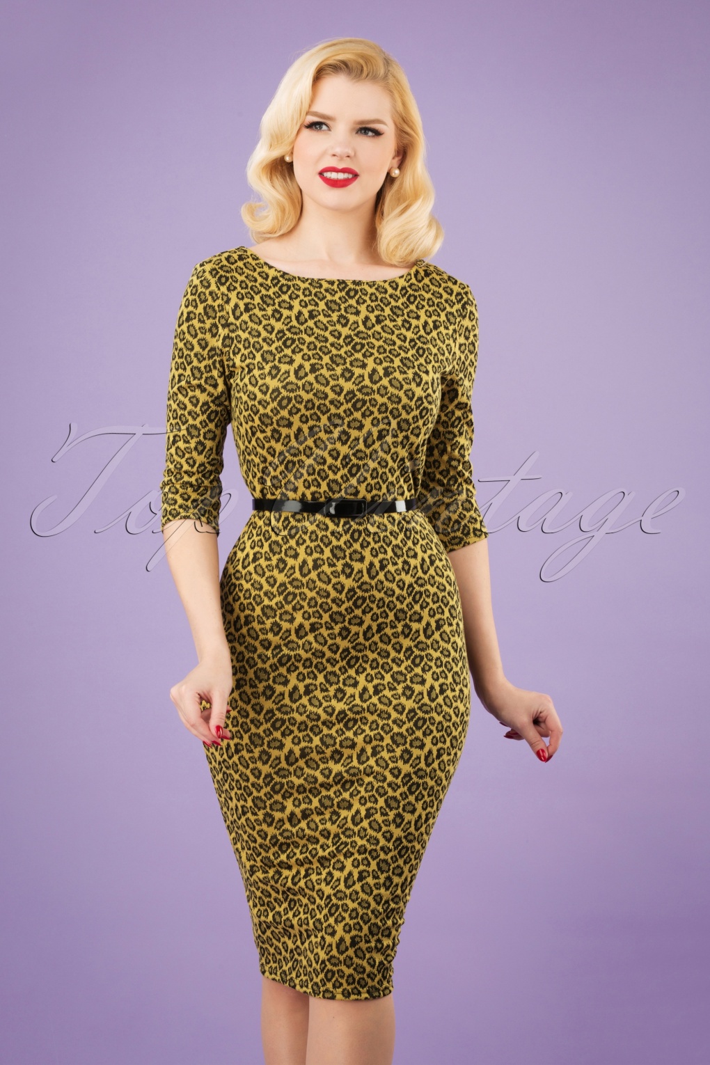 50s Therrie Leopard Pencil Dress in Mustard Yellow