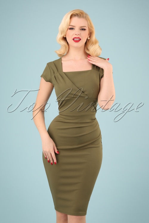 Vintage Chic for Topvintage - Laila Pleated Pencil Dress Années 50 en Vert Olive