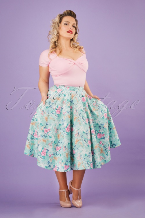 Bunny - 50s Sakura Swing Skirt in Mint Blue