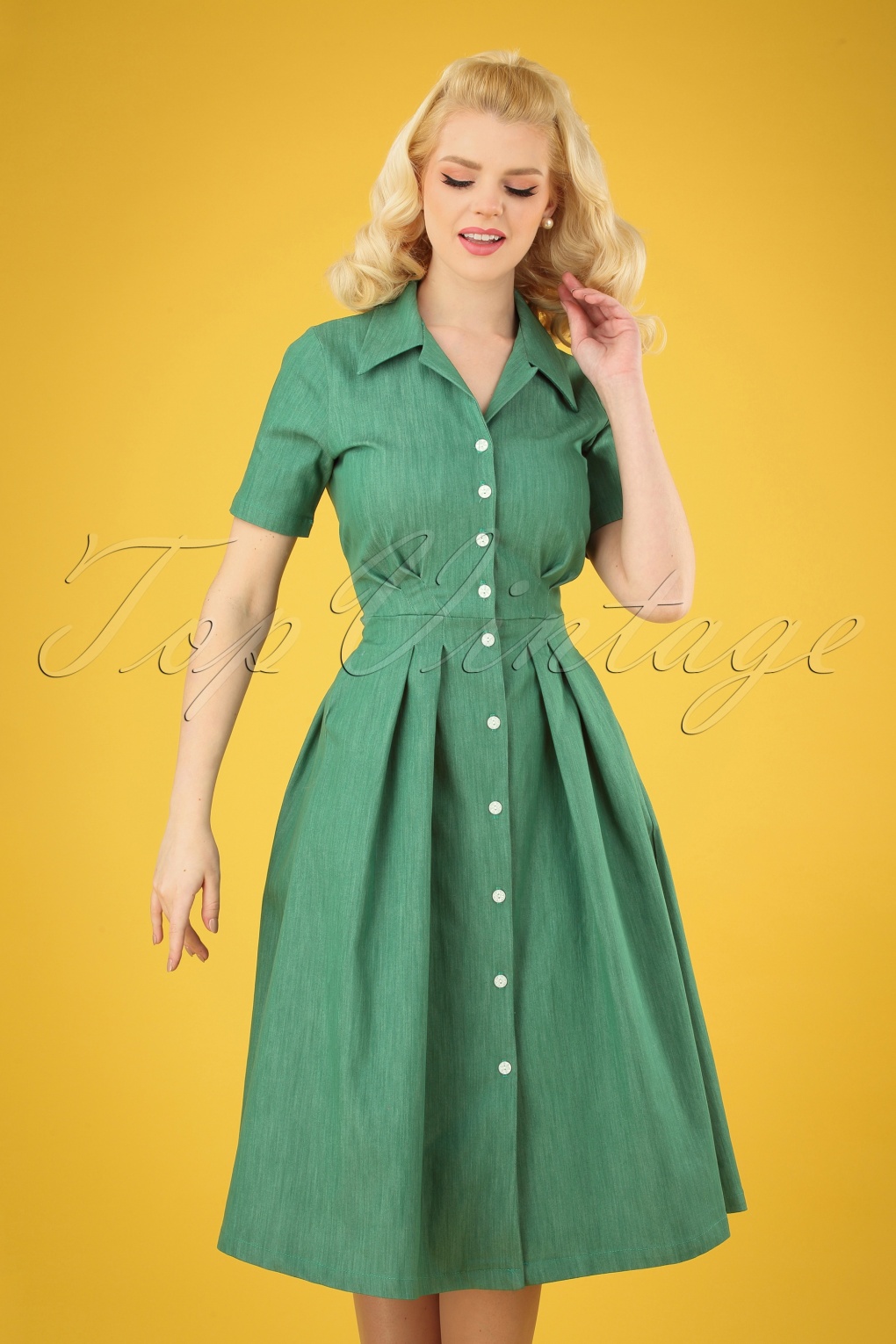 50s Janet Swing Dress In Green Denim 9347