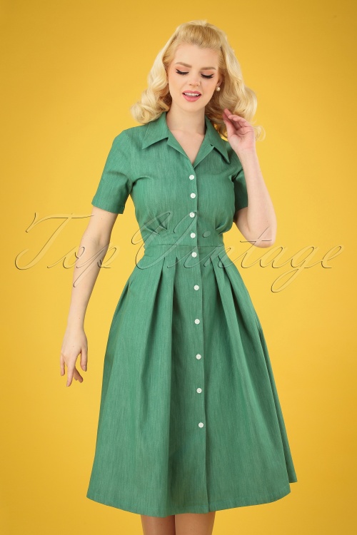  - 50s Janet Swing Dress in Green Denim