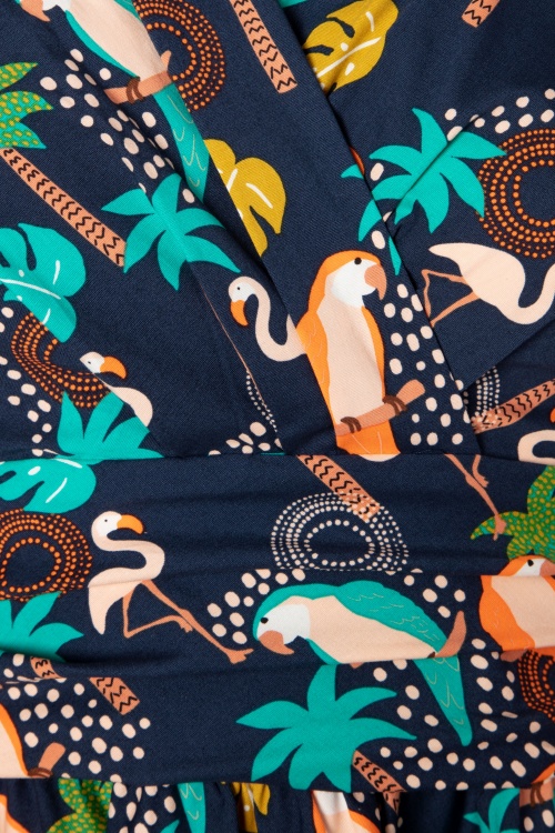 Retrolicious - Greta tropische vogels jurk in marineblauw 3