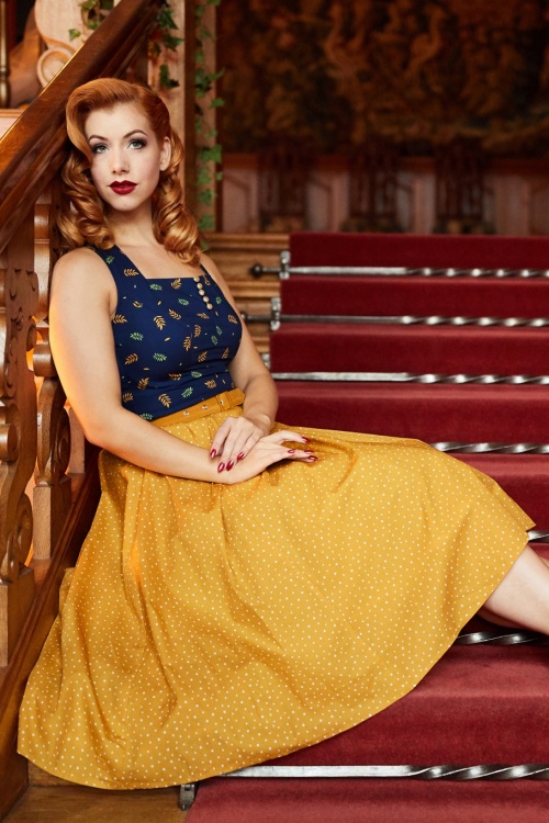 Miss Candyfloss - Ingrid Lee Fairytale Swing-Kleid in Senf und Marineblau