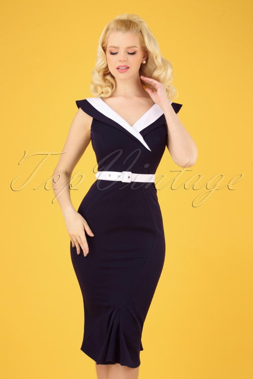 Miss Candyfloss - 50s Abigail Wiggle Dress in Navy and White