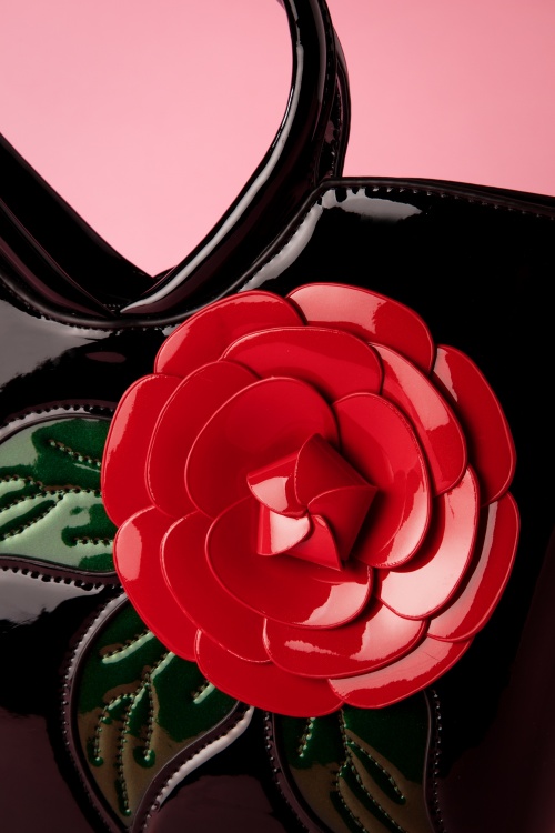 La Parisienne - 50s Red Rose Patent Handbag in Black 3