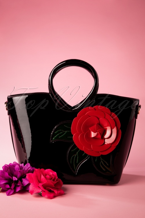 La Parisienne - 50s Red Rose Patent Handbag in Black 2