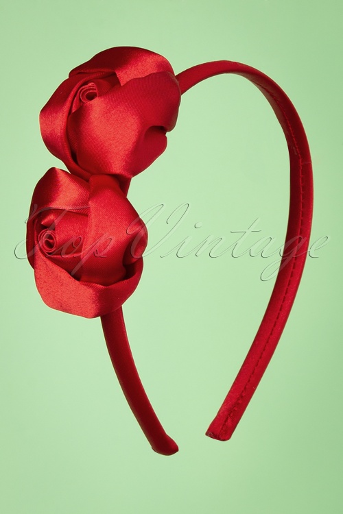ZaZoo - 50s Abby Satin Hair Band with Roses in Red 3