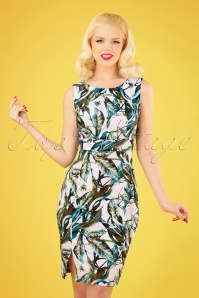 Hearts & Roses - Felicity Leaves Wiggle Dress Années 50 en Blanc et Vert