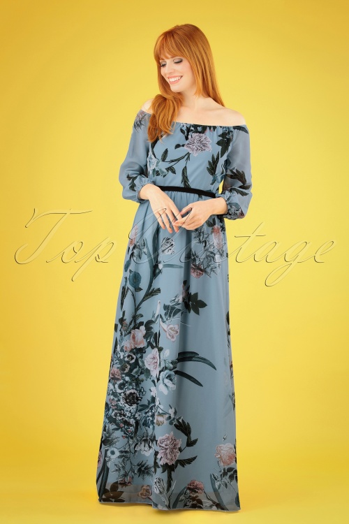 Little Mistress - 70s Rori Floral Maxi Dress in Blue