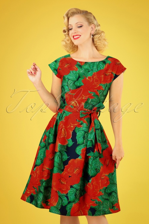 Palava - 50s Beatrice Camellia Swing Dress in Red and Green