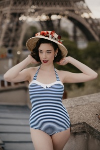 Pussy Deluxe - 50s Maritim Collar Stripes Swimsuit in Navy and White