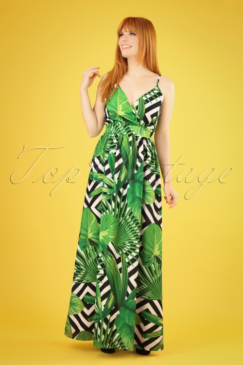 Smashed Lemon - 70s Janine Leafs Maxi Dress in Black and White