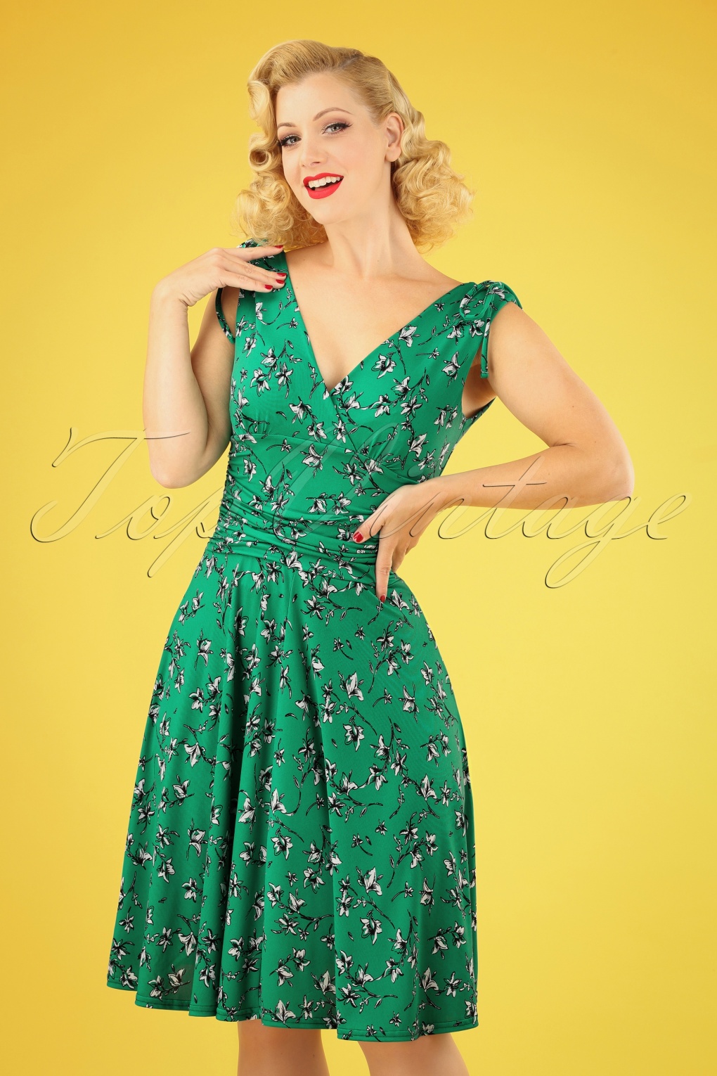 50s Grecian Floral Dress in Emerald Green