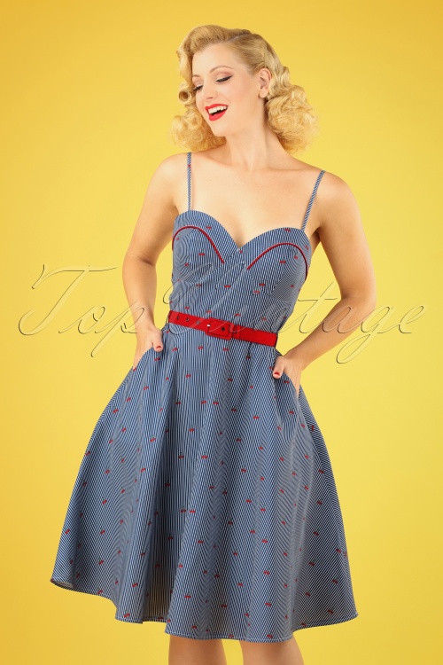 Vixen - 50s Shelley Cherry and Stripes Flared Dress in Blue
