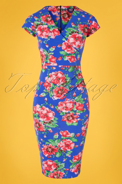 Topvintage Boutique Collection - Gianna Bleistiftkleid mit Blumenmuster in Blau