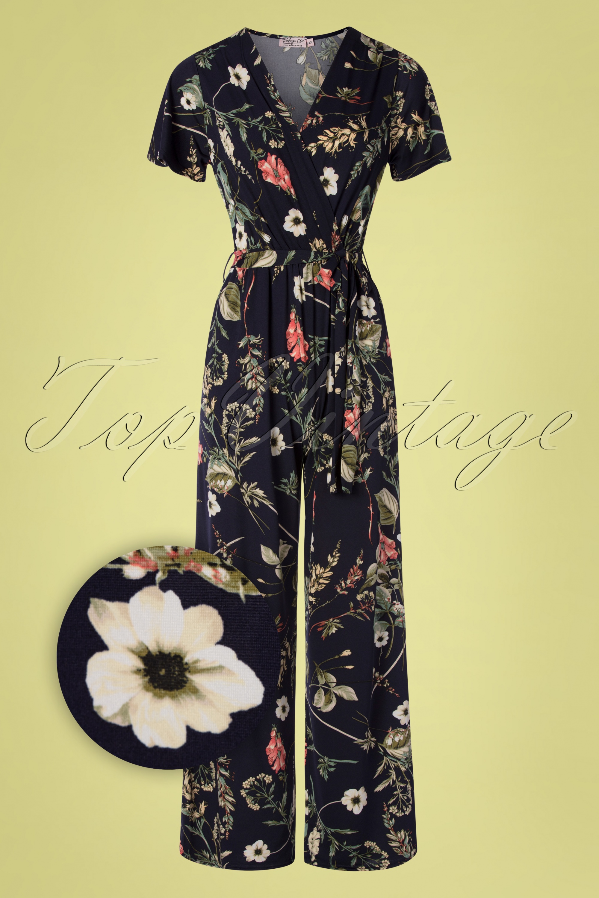 Vintage Chic for Topvintage - Quinty jumpsuit met bloemenprint in donker marineblauw 2