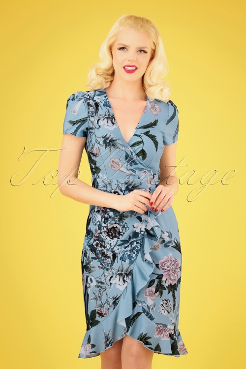 Little Mistress - 50s Rori Floral Wrap Dress in Blue