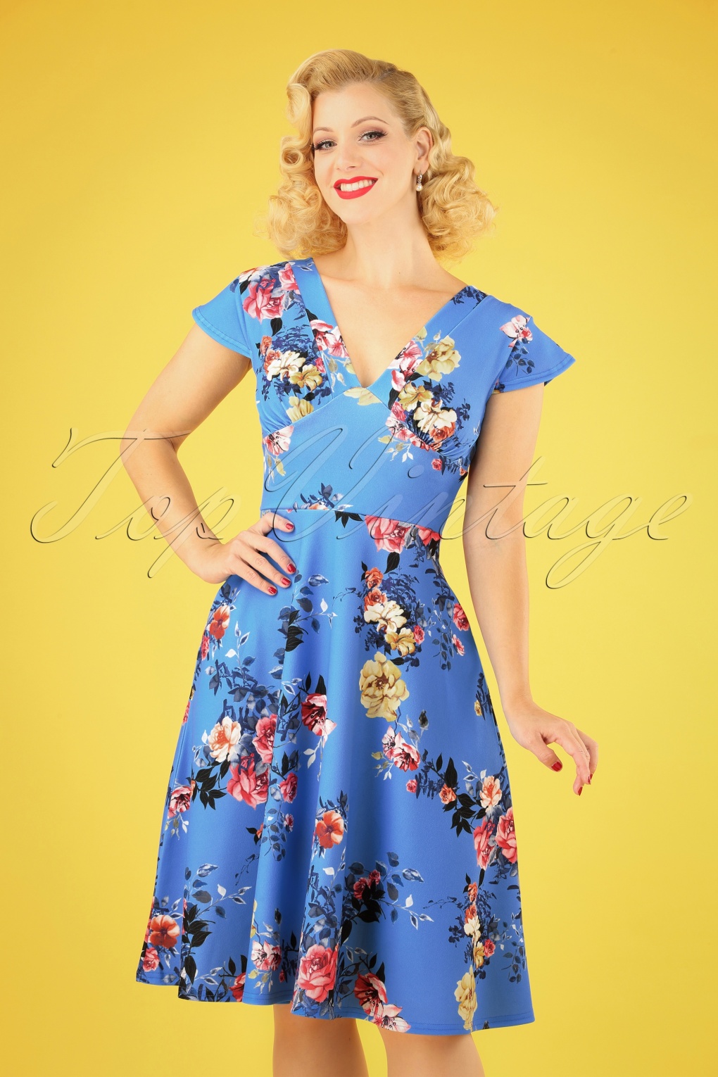 50s Bianca Bouquet Swing Dress in Blue