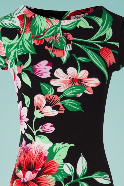Vintage Chic for Topvintage - 60s Aloha Tropical Floral Pencil Dress in Black 2