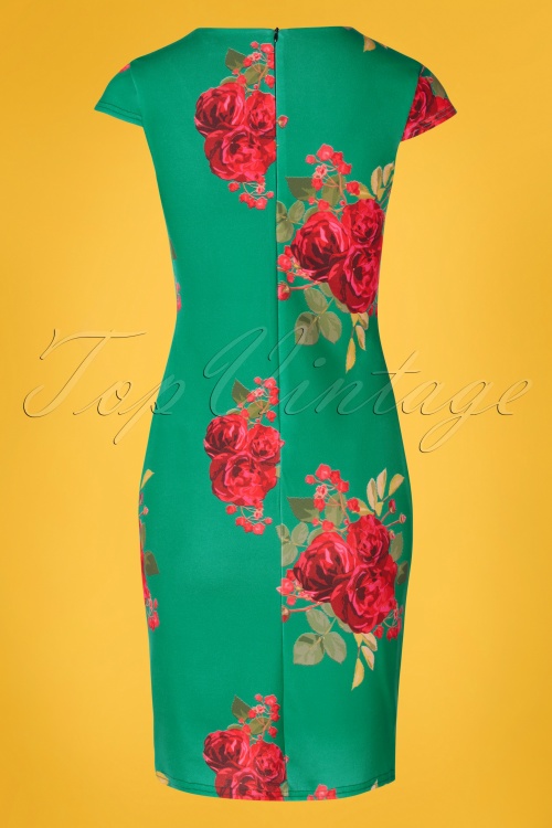 Vintage Chic for Topvintage - Lynda bloemenpenciljurk in smaragdgroen 4