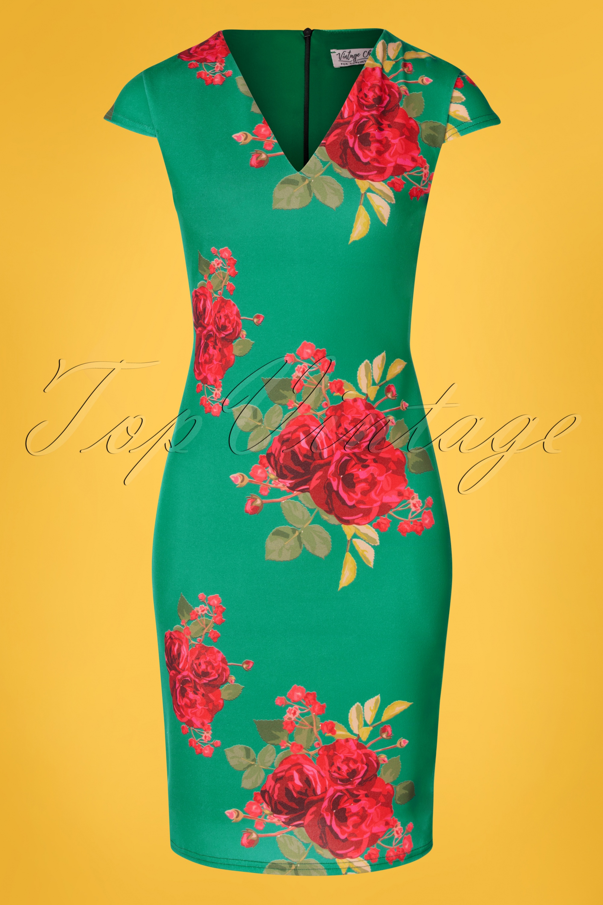 Vintage Chic for Topvintage - Lynda bloemenpenciljurk in smaragdgroen