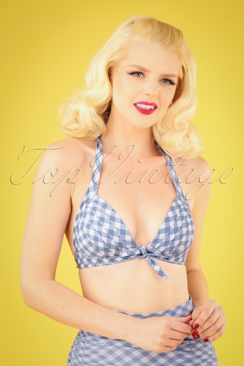 Unique Vintage - Monroe Gingham zwemtop in blauw en wit