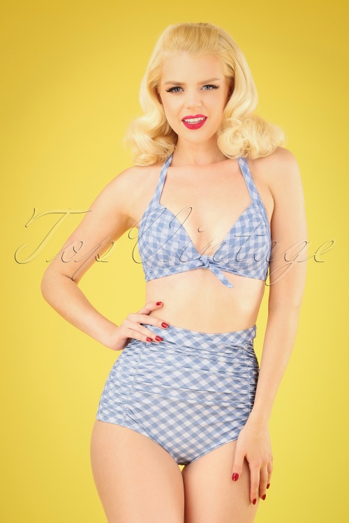 Unique Vintage - Monroe Gingham zwembroek met hoge taille in blauw en wit